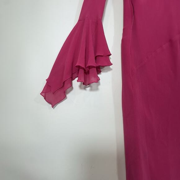 Express Silk Fuchsia Ruffle Wrap Midi Dress Women’s Size 3/4 Long Sleeve Flare 4 - Picture 4 of 10